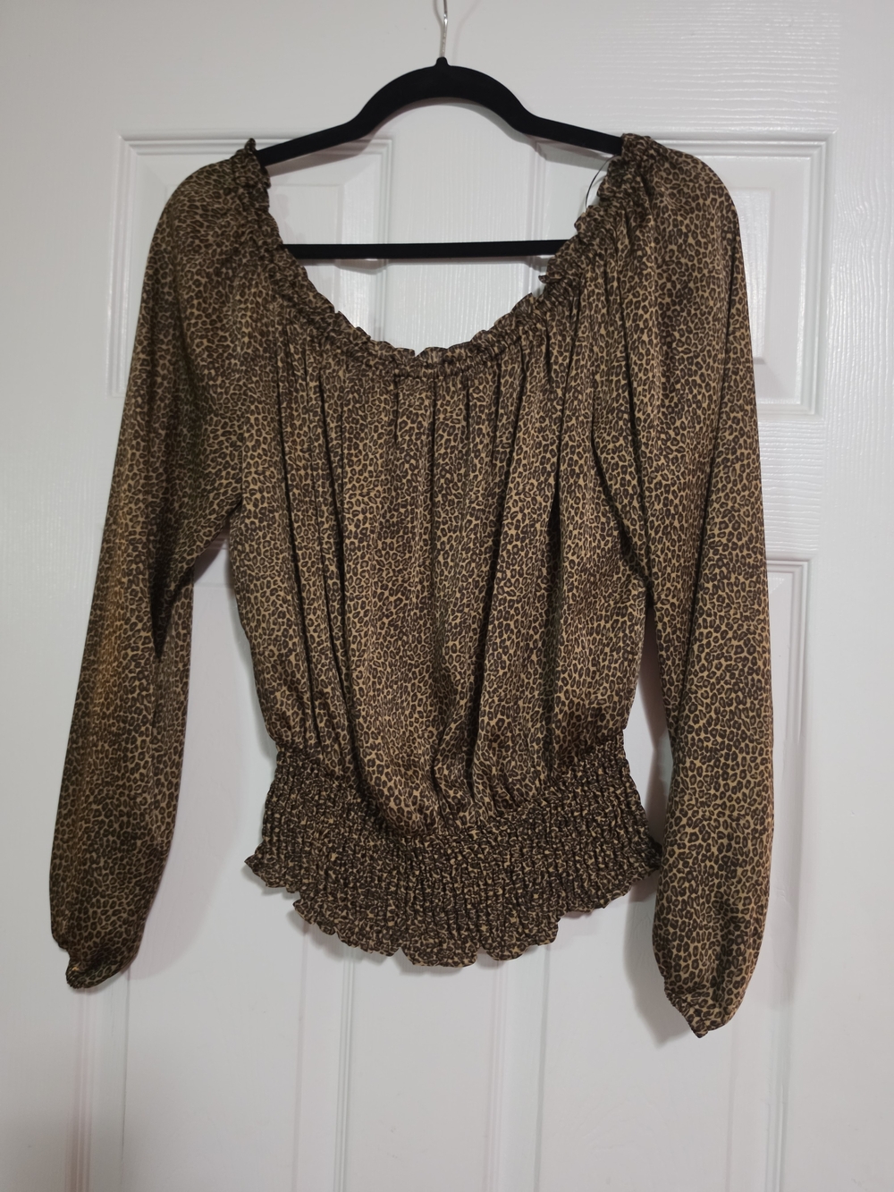 Michael Kors Leopard-Print Smocked Waist Peasant Top in Brown